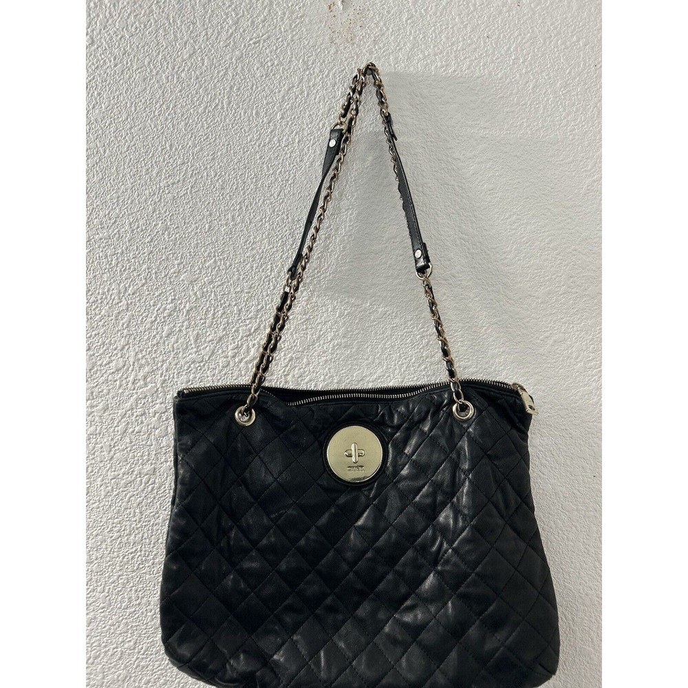 DKNY Womens Leather Quilted Texture Gold Tone Crossbody Shoulder Handbag Black